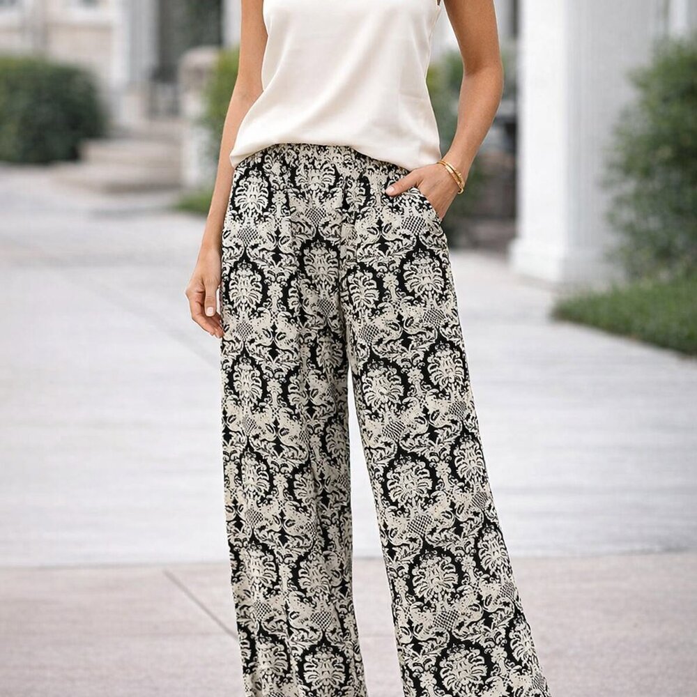 Solitaire Boho Wide-Leg Women's Pants Black/White Geometric Pattern Size L